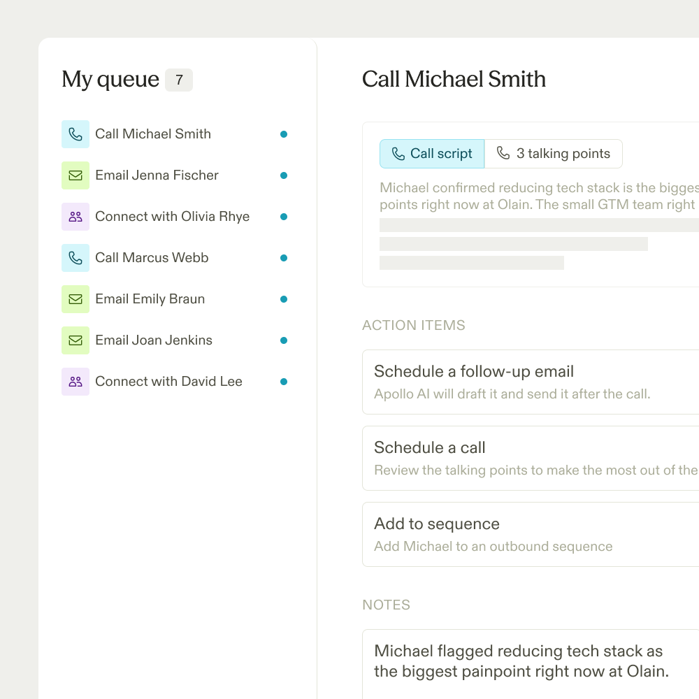 Apollo rep workspace showing a prioritized task queue alongside call intelligence